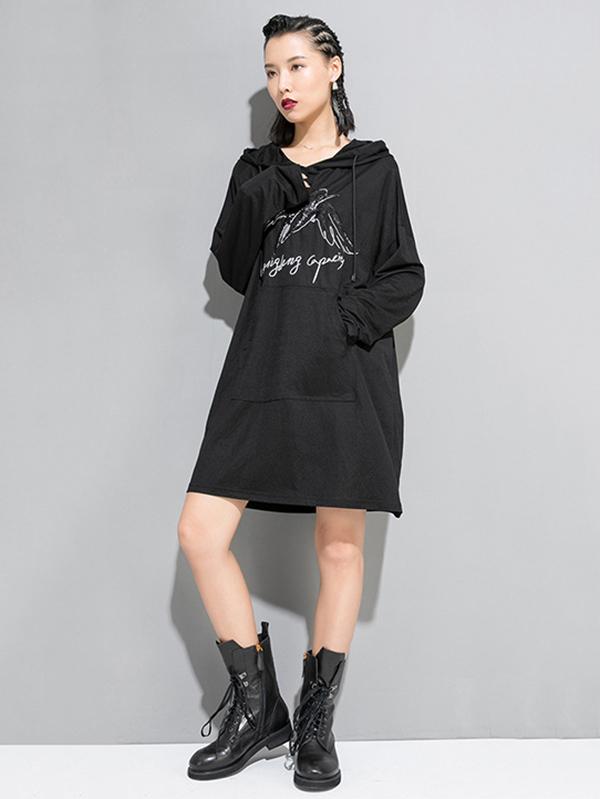 Loose Printed Black Hoodie