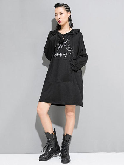 Loose Printed Black Hoodie
