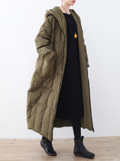 Simple White Duck Down Over Knee Solid Color Zipper Hooded Down Wear Coat