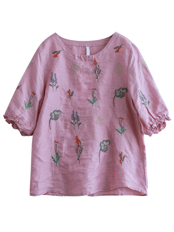 Ramie Cotton Embroidered Round-Neck Short Sleeve T-Shirts Tops