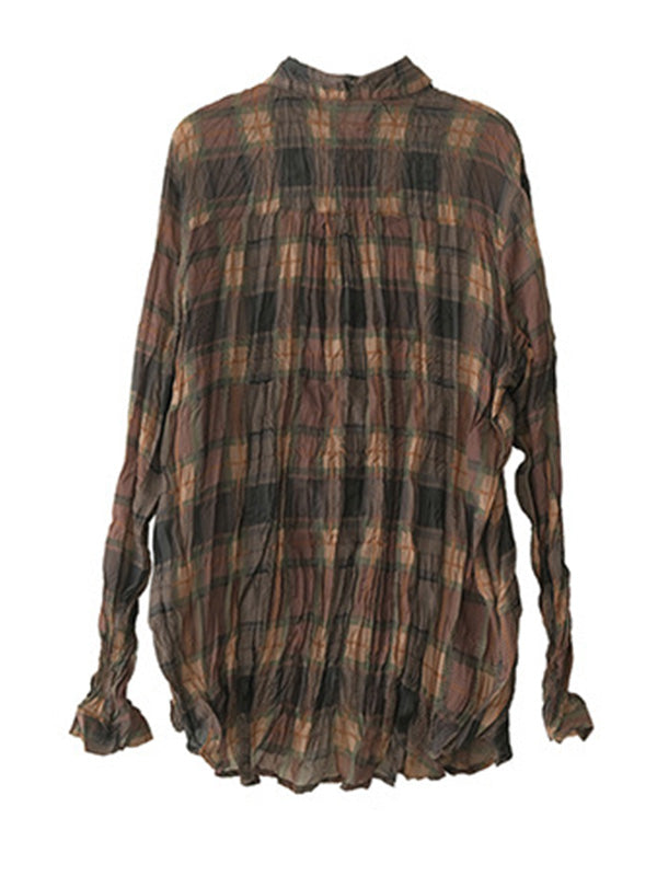 Vintage Long Sleeves Buttoned Plaid Printed Blouses Top
