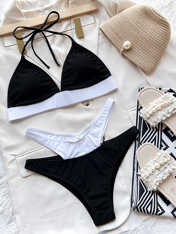 Black White Contrast Color Halterneck Hollow Bikini Swimsuit