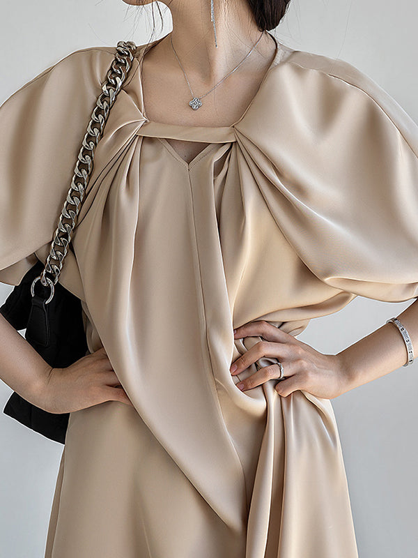 Original Stylish Solid Color Loose Pleated Midi Dress