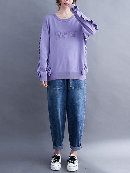 Simple Solid Color Letter Print Embroidered Sweatshirt Top