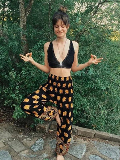 Floral Printed Elastic Waist Wide Leg Casual Pants