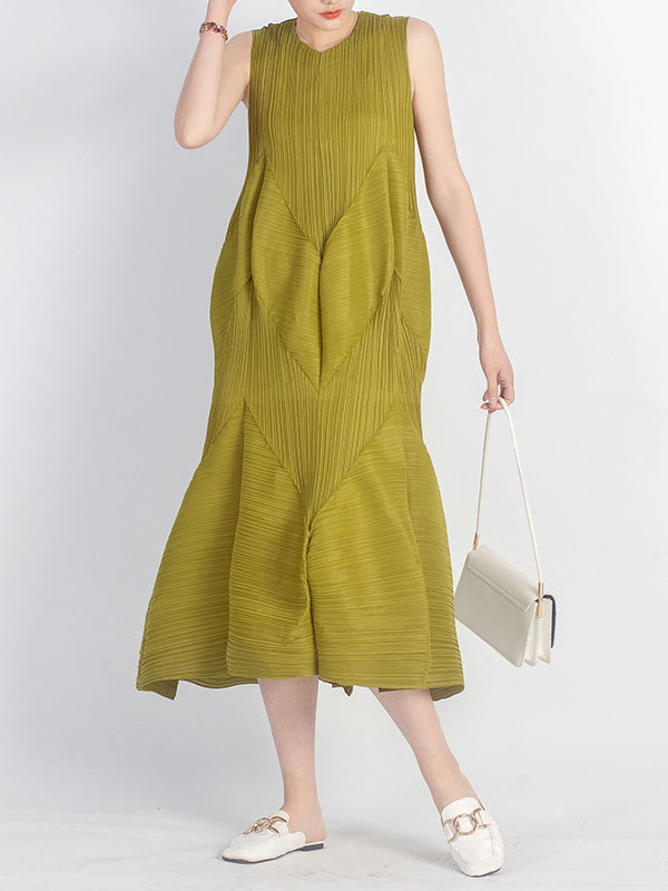 Casual Sleeveless Loose Pleated Solid Color Round-Neck Midi Dresses