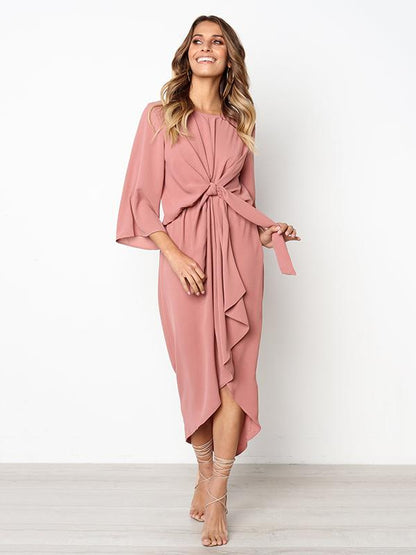 Solid Color Bandage Fabala Long Sleeves Midi Dress