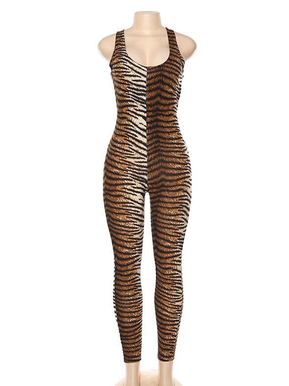 Tiger Vein Printed Backless Jumpsuits