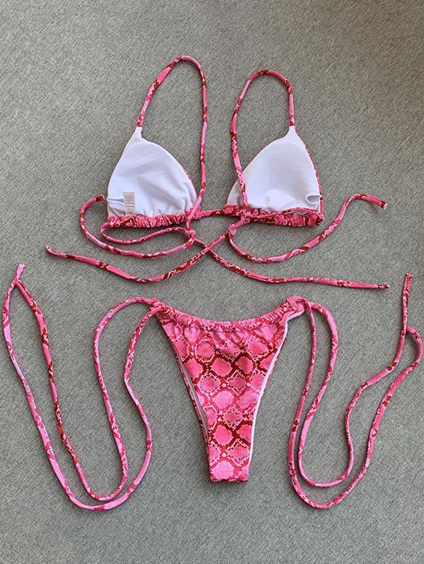 Snake-Print Bandage Split Bikini Swimsuit