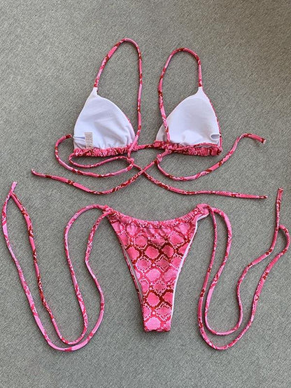 Snake-Print Bandage Split Bikini Swimsuit