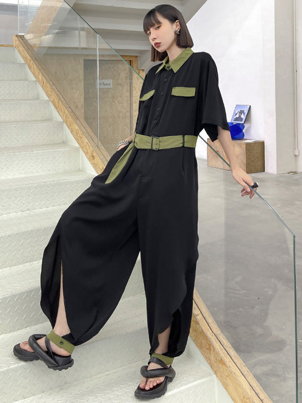 Stylish Belted Polo Collar Half Sleeve High-Waisted Jumpsuits