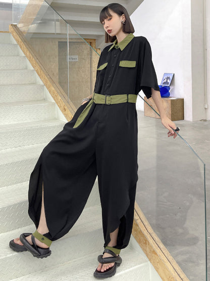 Stylish Belted Polo Collar Half Sleeve High-Waisted Jumpsuits