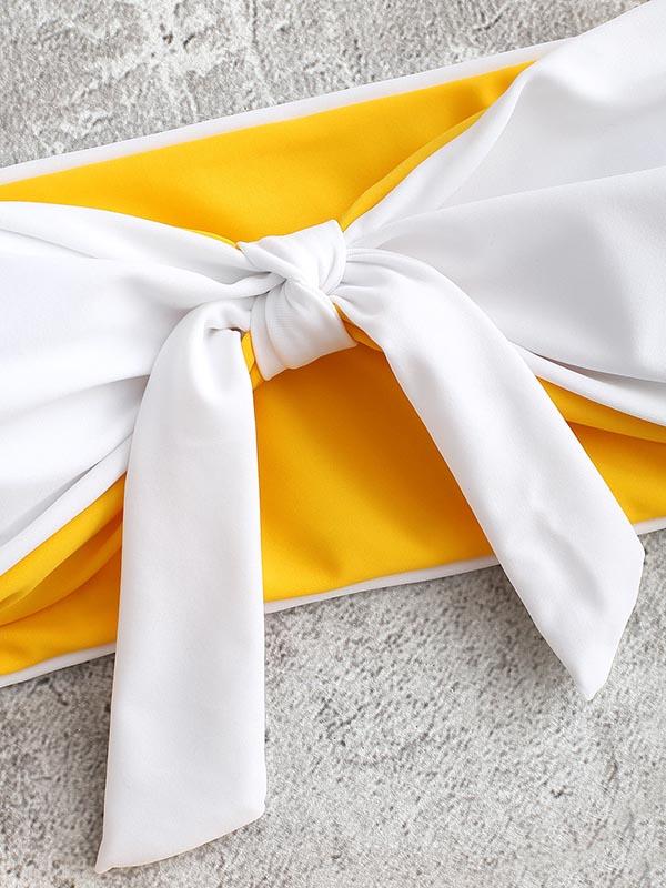 Strapless Knotted Short Sleeves Split Type Bikini Swimsuit