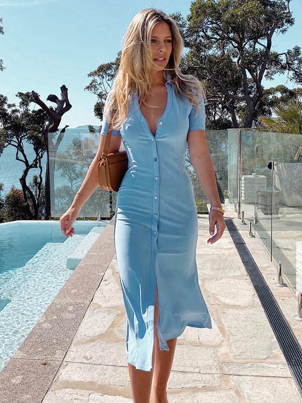 Simple Solid Color Lapel V-Neck Split-Front Midi Dress