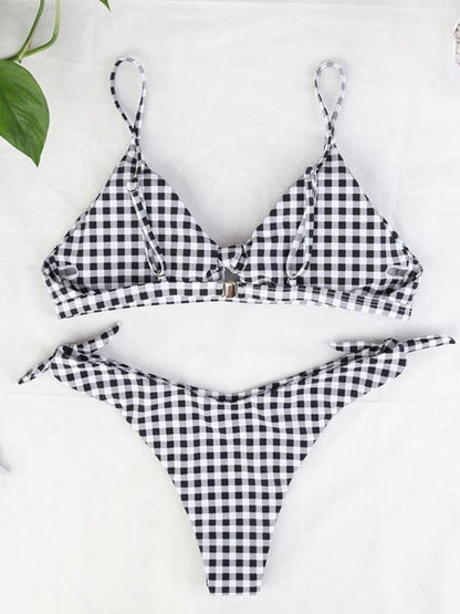 Plaid Bow-embellished Empire Bikinis Swimwear