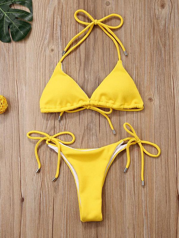 Solid Color Bandage Triangle Split Bikini Swimsuit