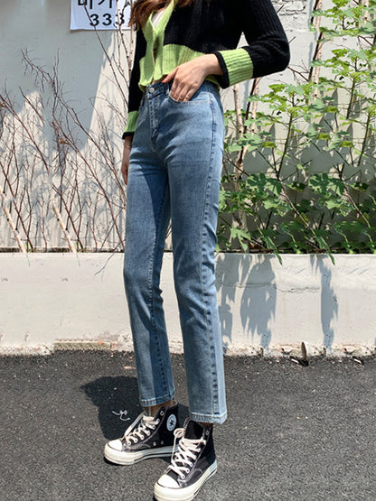 Simple Loose High Waisted Jean Cropped Pants Bottoms
