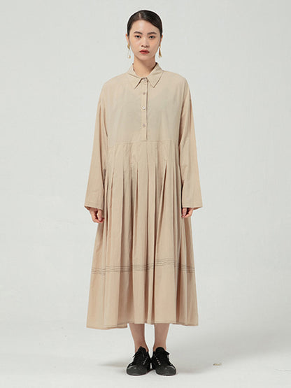 Casual Solid Color Buttoned Pleated Lapel Collar Long Sleeves Midi Dress