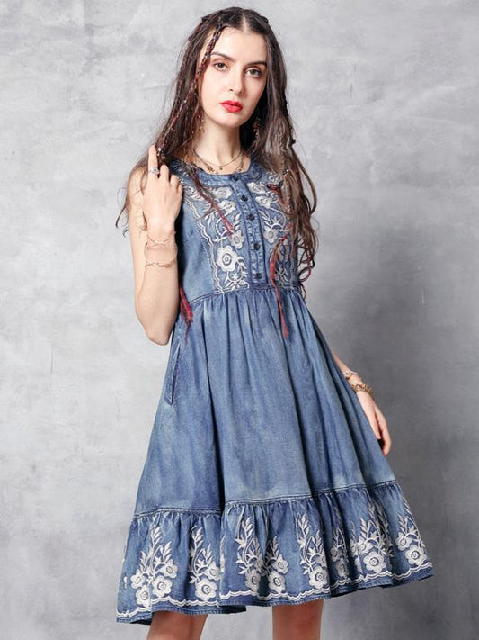 2019 Summer New Vintage Embroidery Falbala  Dress