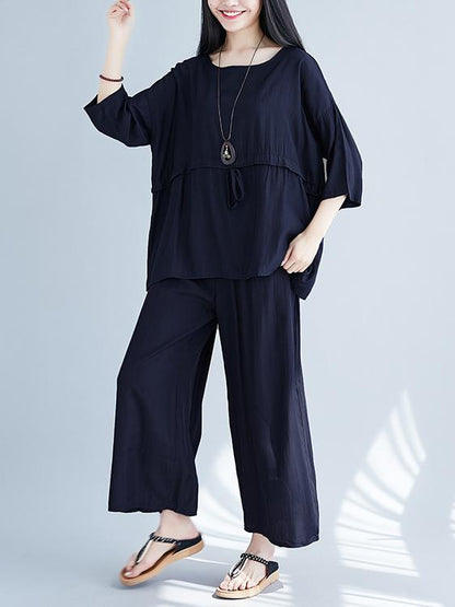 Plus Size Loose Solid Wide-leg Two-piece Suits