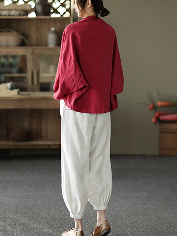 Casual V-Neck Linen Batwing Sleeves Outerwear