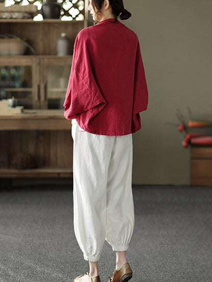 Casual V-Neck Linen Batwing Sleeves Outerwear