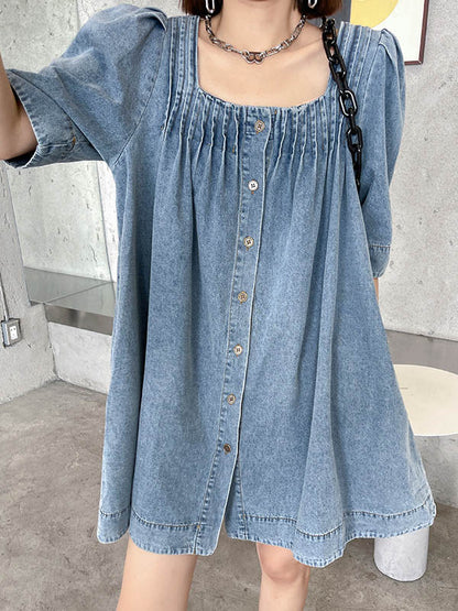 Stylish Denim Blue Pleated Square-Neck Half Sleeves H-Line Mini Dress