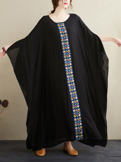 National Loose Embroidered Round-Neck Batwing Sleeves Midi Dress