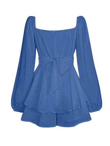 Fashion Solid Color Puff Sleeves Falbala Culotte Rompers