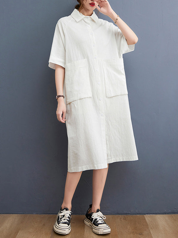 Original Solid Color With Pocket Lapel Shirt Dress