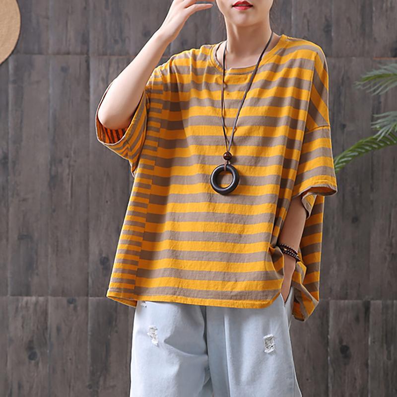 Cotton Striped Round Neck Casual Blouse