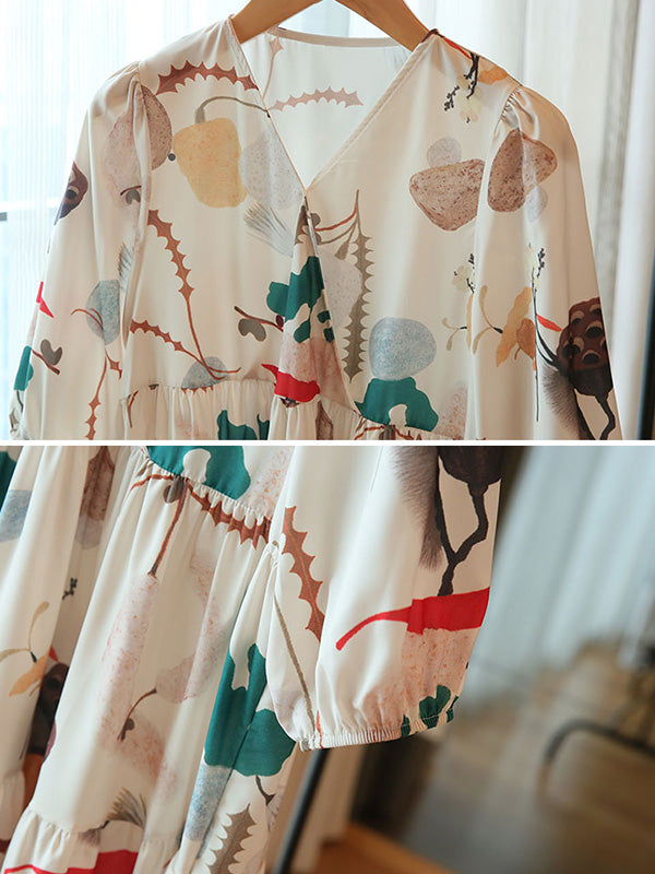 Original Printing Split-Joint V-Neck Midi Dress