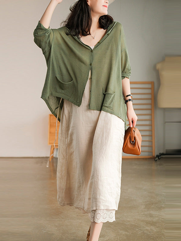 Casual Batwing Sleeve Hooded High-Low V-Neck Buttoned Cardigans