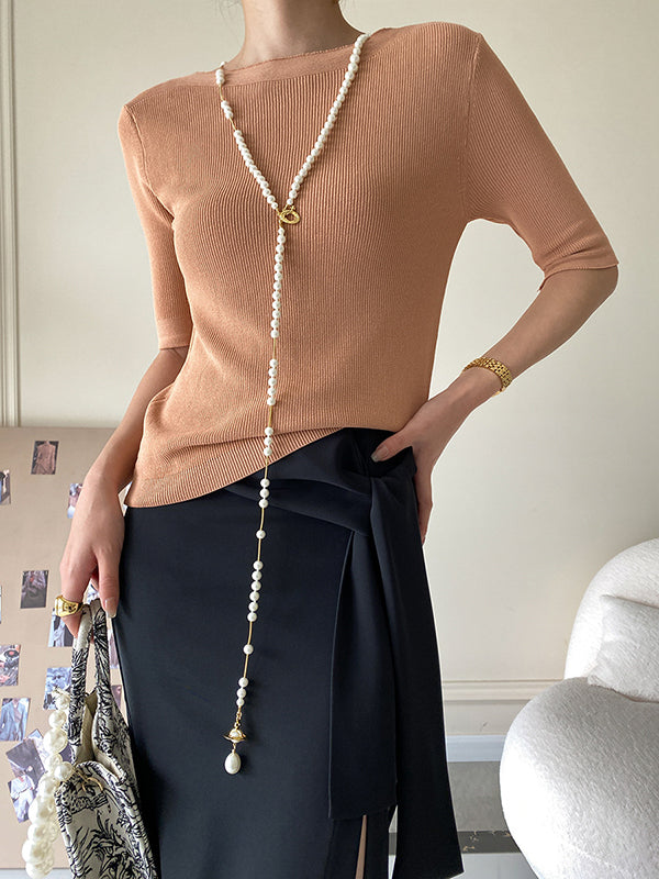 Original Simple Casual Solid Color Skinny Knitting T-Shirt Top