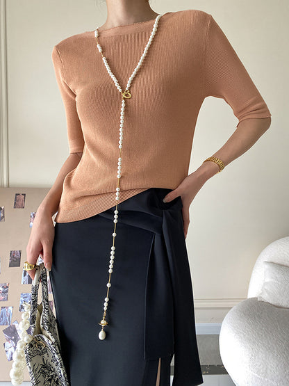 Original Simple Casual Solid Color Skinny Knitting T-Shirt Top
