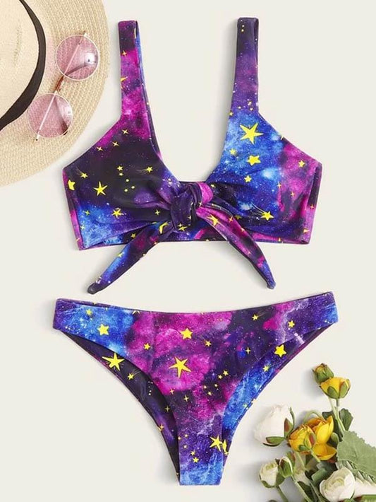 Starry Sky Print Knotted Split Bikini Swimsuit
