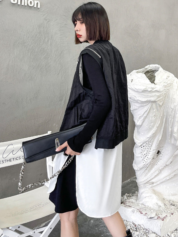Cool Street Split-Joint Zipper Buttoned Round-Neck Sleeveless False Two Vest Outwear