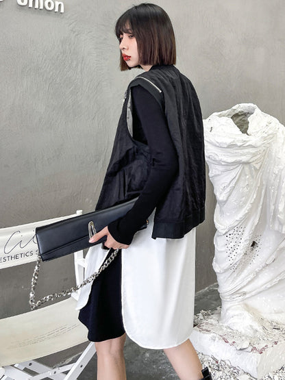 Cool Street Split-Joint Zipper Buttoned Round-Neck Sleeveless False Two Vest Outwear