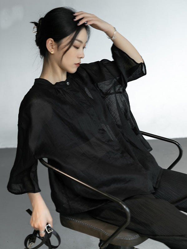 Linen Black&White Round-Neck Flared Sleeves T-Shirt