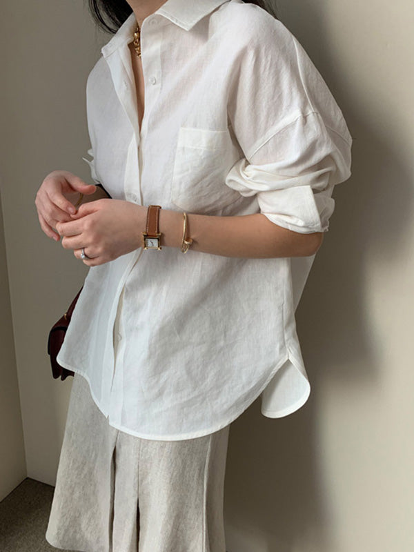 Urban Ramie Cotton Solid Color Lapel Long Sleeves Blouse