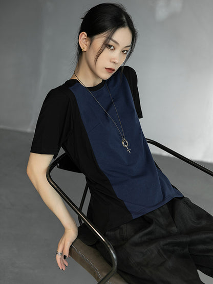 Stylish Split-Joint Black&Blue Back-Pleats Short Sleeves T-Shirt