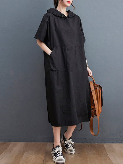 Urban Black&White Split-Side Short Sleeves Hooded Midi Dress