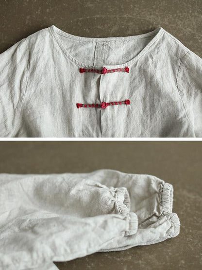 Casual Retro Linen Frog Blouses