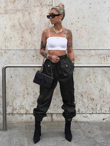 Solid Elastic Ankle Tied Cargo Pants