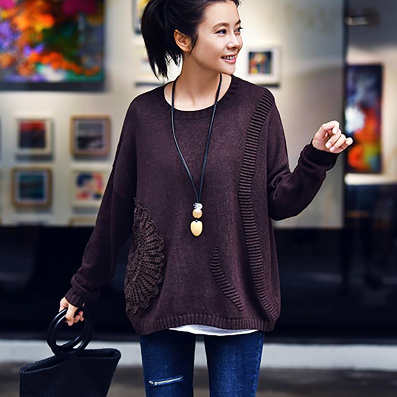 Buykud Retro Woven Sunflower Round Neck Knit Shirt