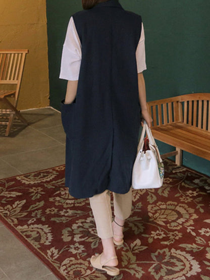 Simple Solid Color Split-Joint With Pocket Linen Notched Collar Vest Outwear