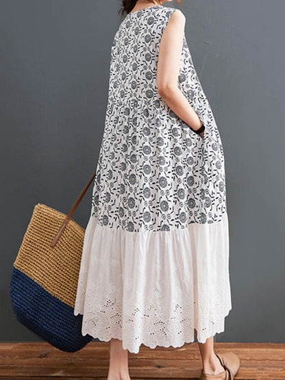 Loose Ramie Cotton National Printed Split-Joint Hollow Pleated Round-Neck Sleeveless Midi Dress