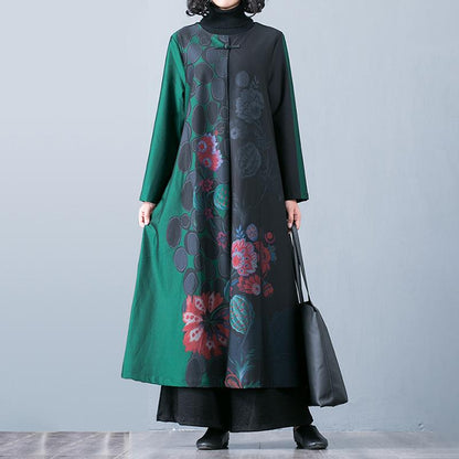 Buykud Floral Print O-Neck Casual Elegant Trench Coat