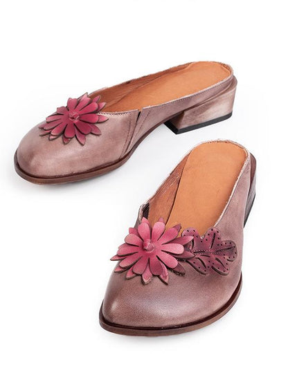 Genuine Leather Flower Decorated Round Toe Mules&Slides