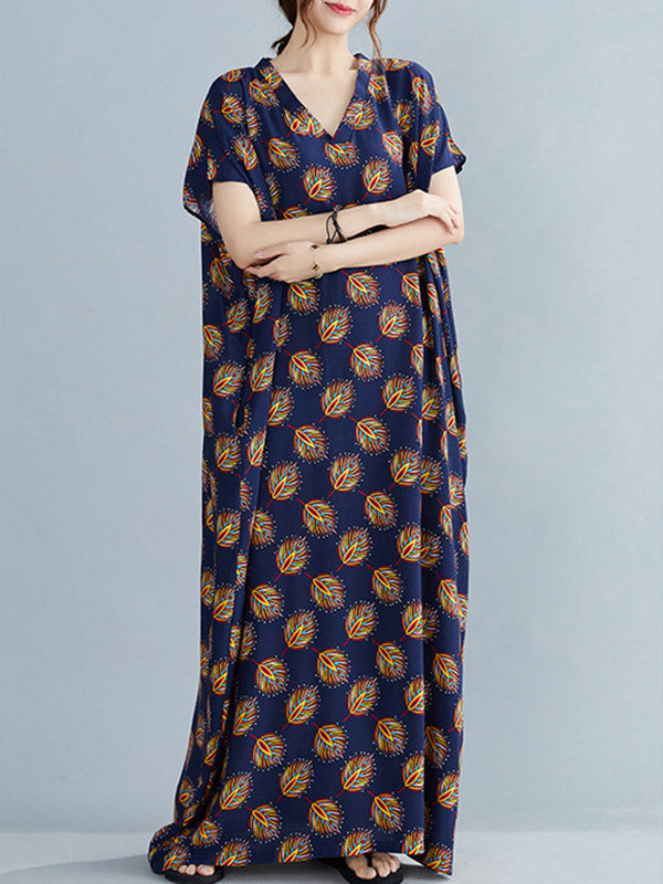 Vintage Printed V-Neck Batwing Short Sleeves Maxi Dress